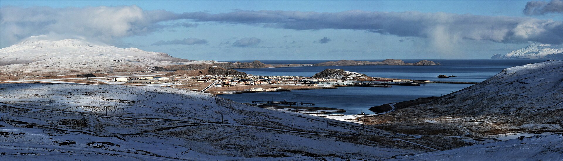 Adak harbor and town, photographed in December 2014. — Alaska