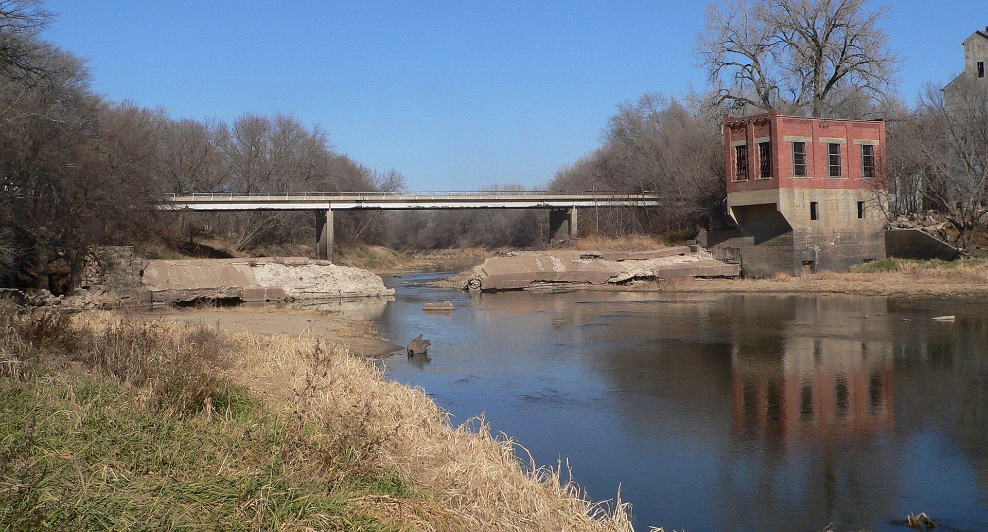 The Big Blue River and historic dam remains at Blue Springs, Nebraska.