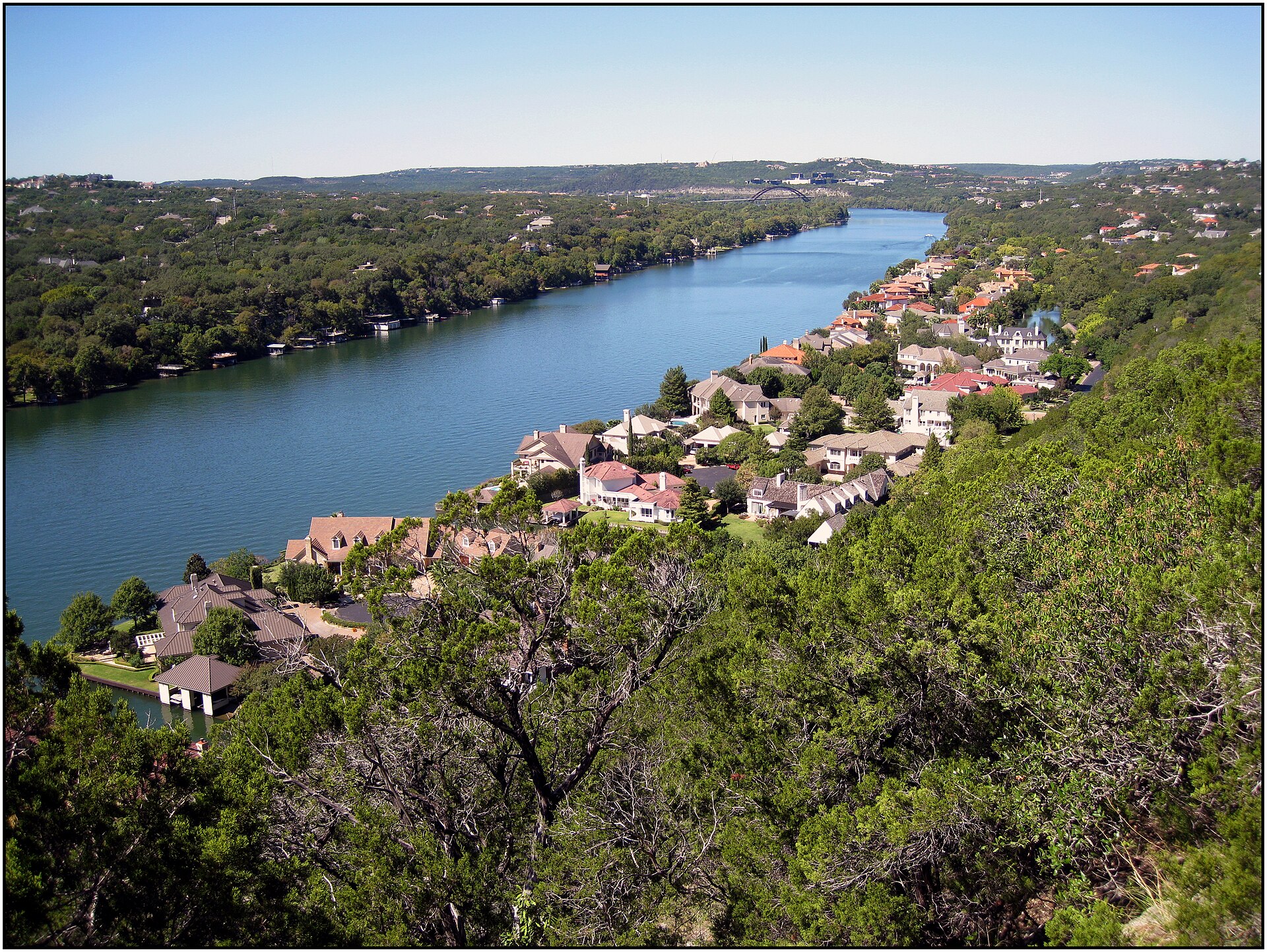 Lake Austin and the surrounding hills viewed from Mount Bonnell in Austin, Texas.