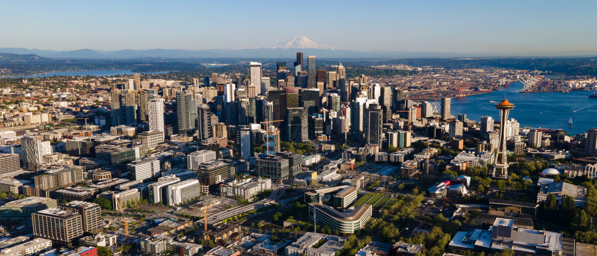 An aerial view of downtown Seattle and its waterfront, Washington.
