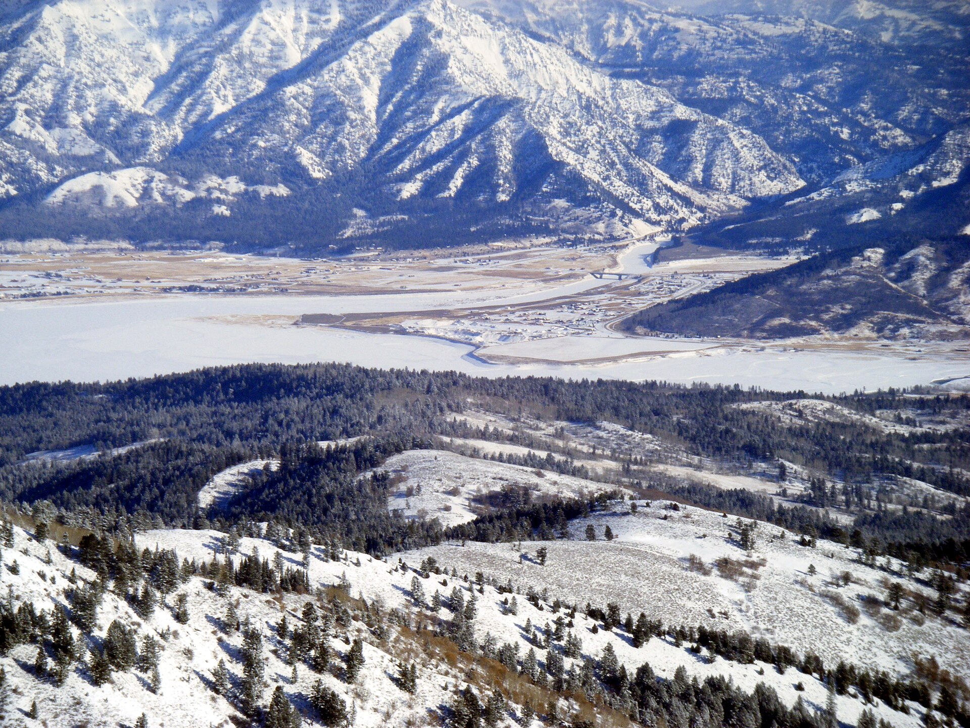 Alpine and the surrounding river valleys in winter, Wyoming, viewed from nearby Black Mountain in Idaho.