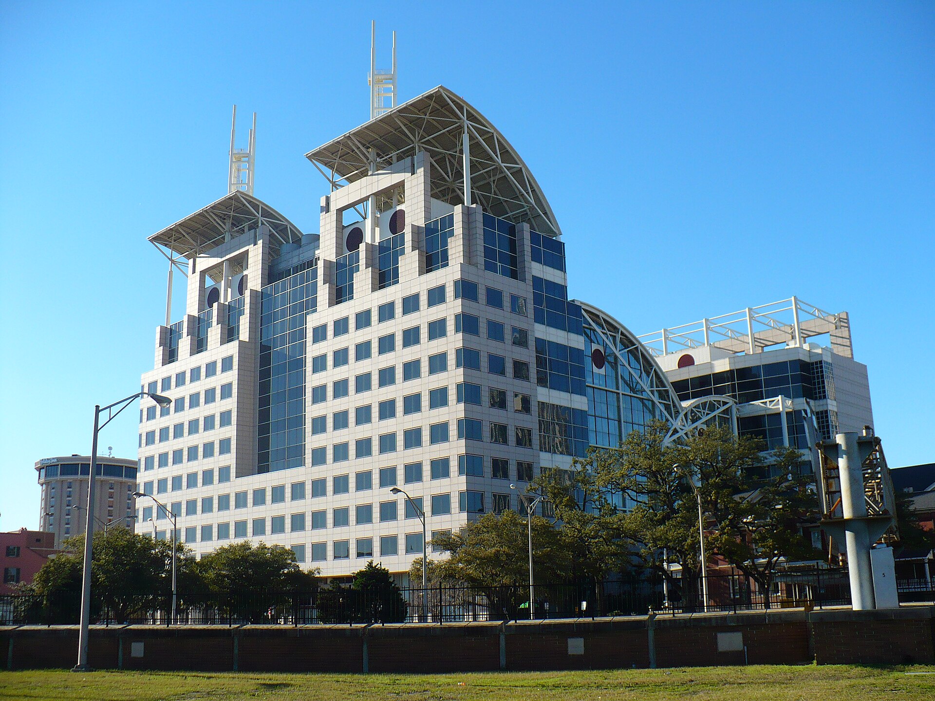 Mobile Government Plaza in Mobile, Alabama. Houses city and county government. View of Church Street facade from the southeast. — Mobile County, Alabama