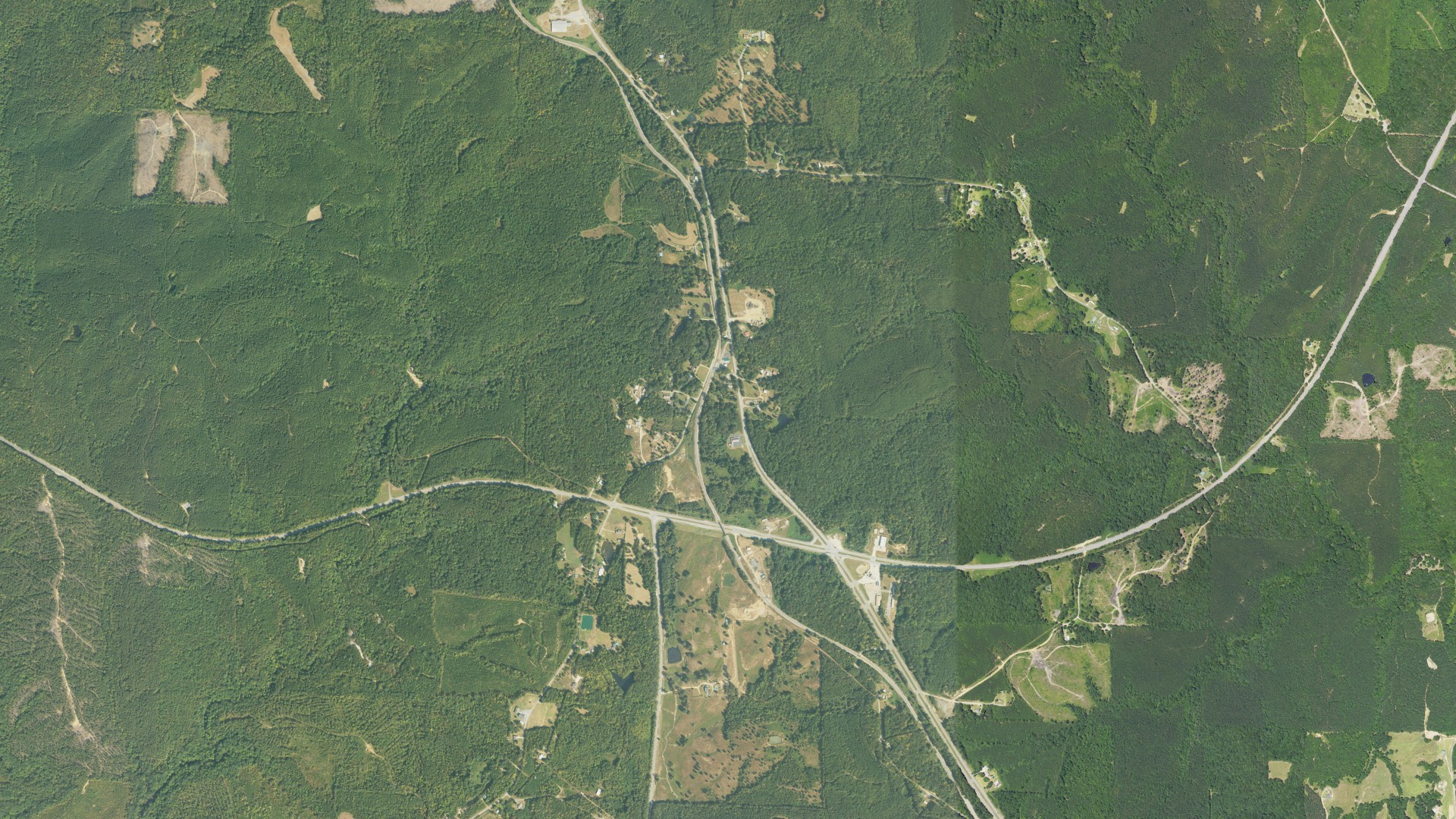 Natural-color aerial photograph of land around Natural Bridge, Alabama
