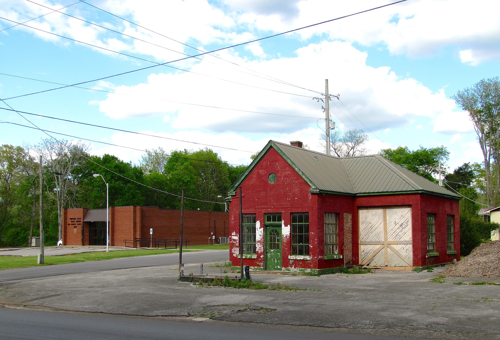 Buildings at the intersection of Winchester Road and New Market Road in New Market, Alabama, United States. The New Market post office is in the background on the left.