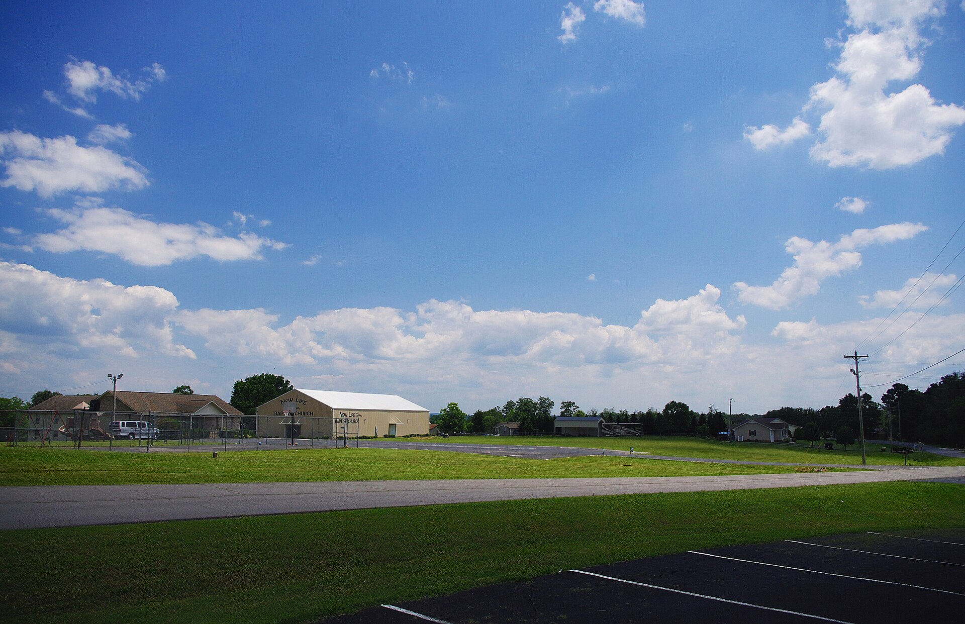 Buildings in Shiloh, Alabama, United States, looking east along Shiloh Ranch Road. The New Life Baptist Church is on the left.