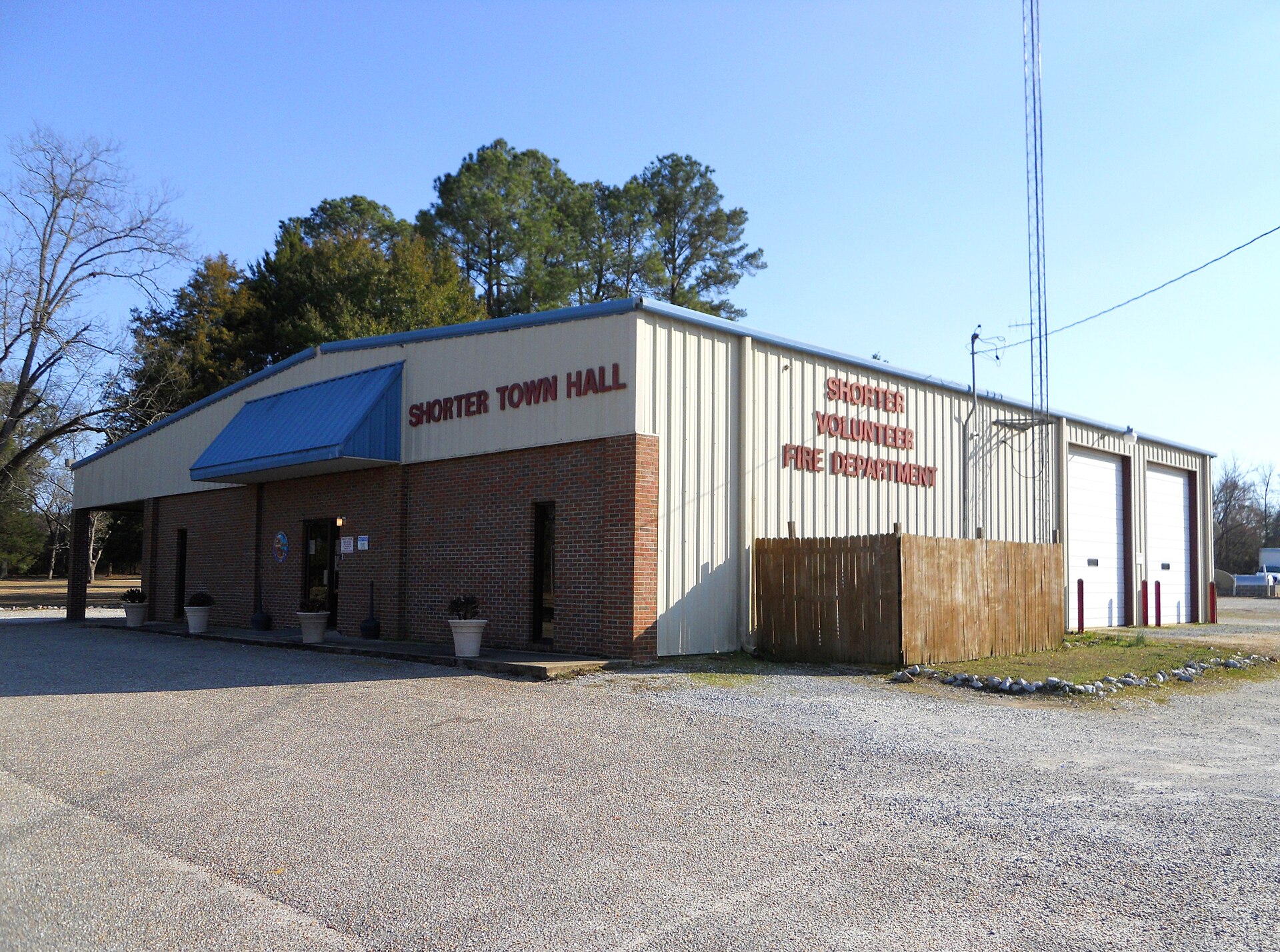 This is a photograph of the town hall and volunteer fire department in Shorter, Alabama.
