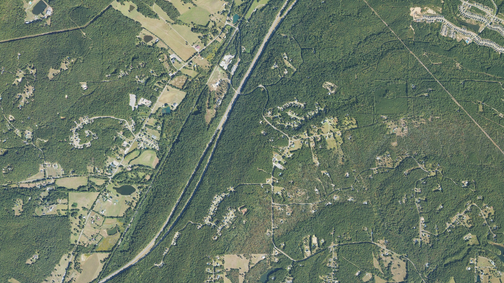 Natural-color aerial photograph of land around Springville, Alabama