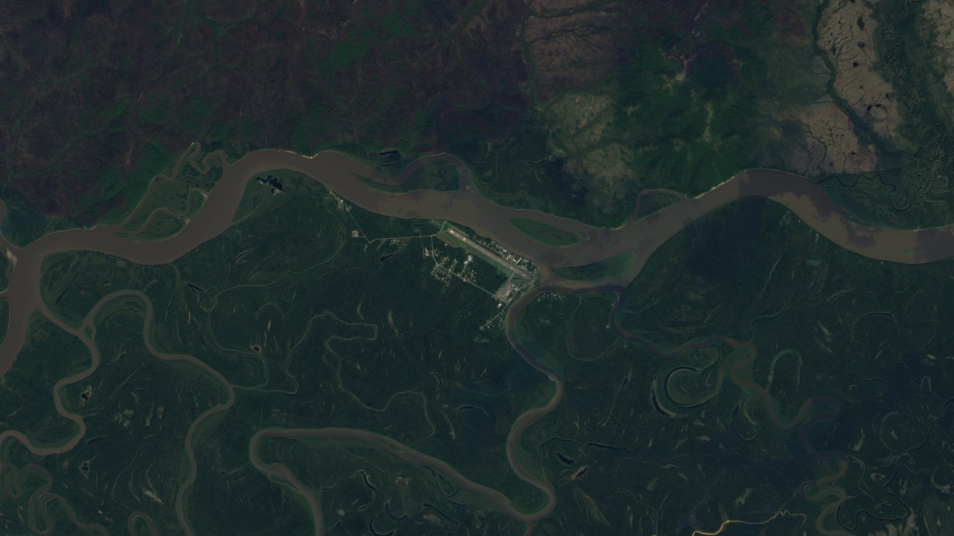 Satellite photograph of the landscape around Aniak, Alaska, captured in 2016