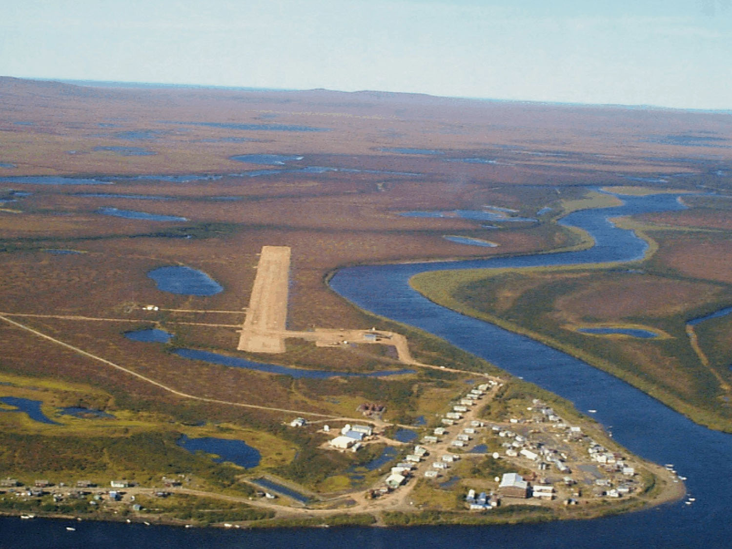 Aerial view of Buckland, Alaska, USA. View is to the west.