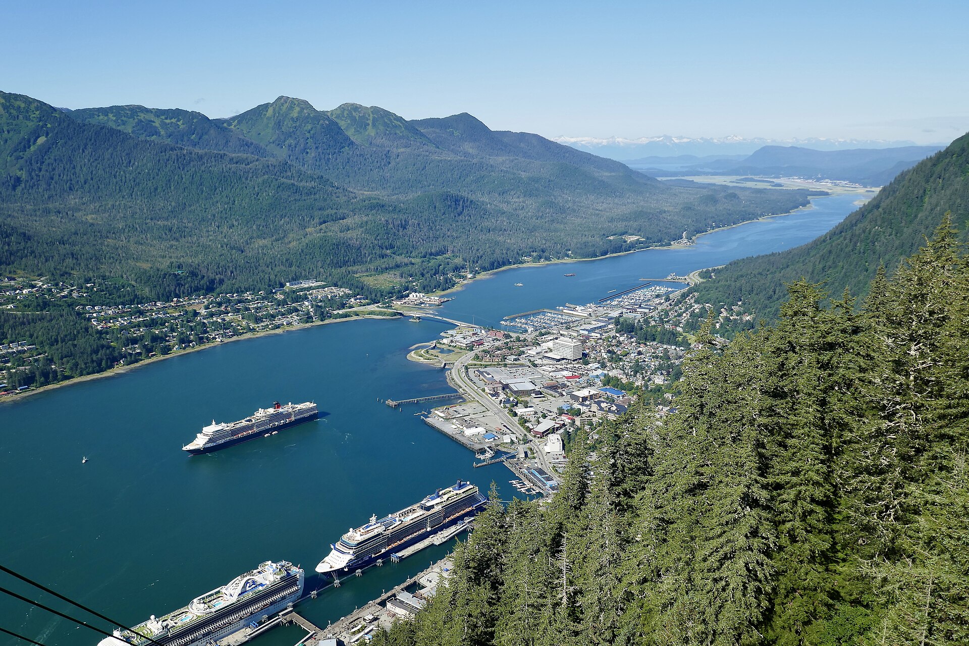 MS Queen Elizabeth in Juneau, Alaska on 15 August 2024. Also pictured are ships Celebrity Solstice and Crown Princess at bottom. Downtown Juneau at right. — Juneau City and Borough, Alaska