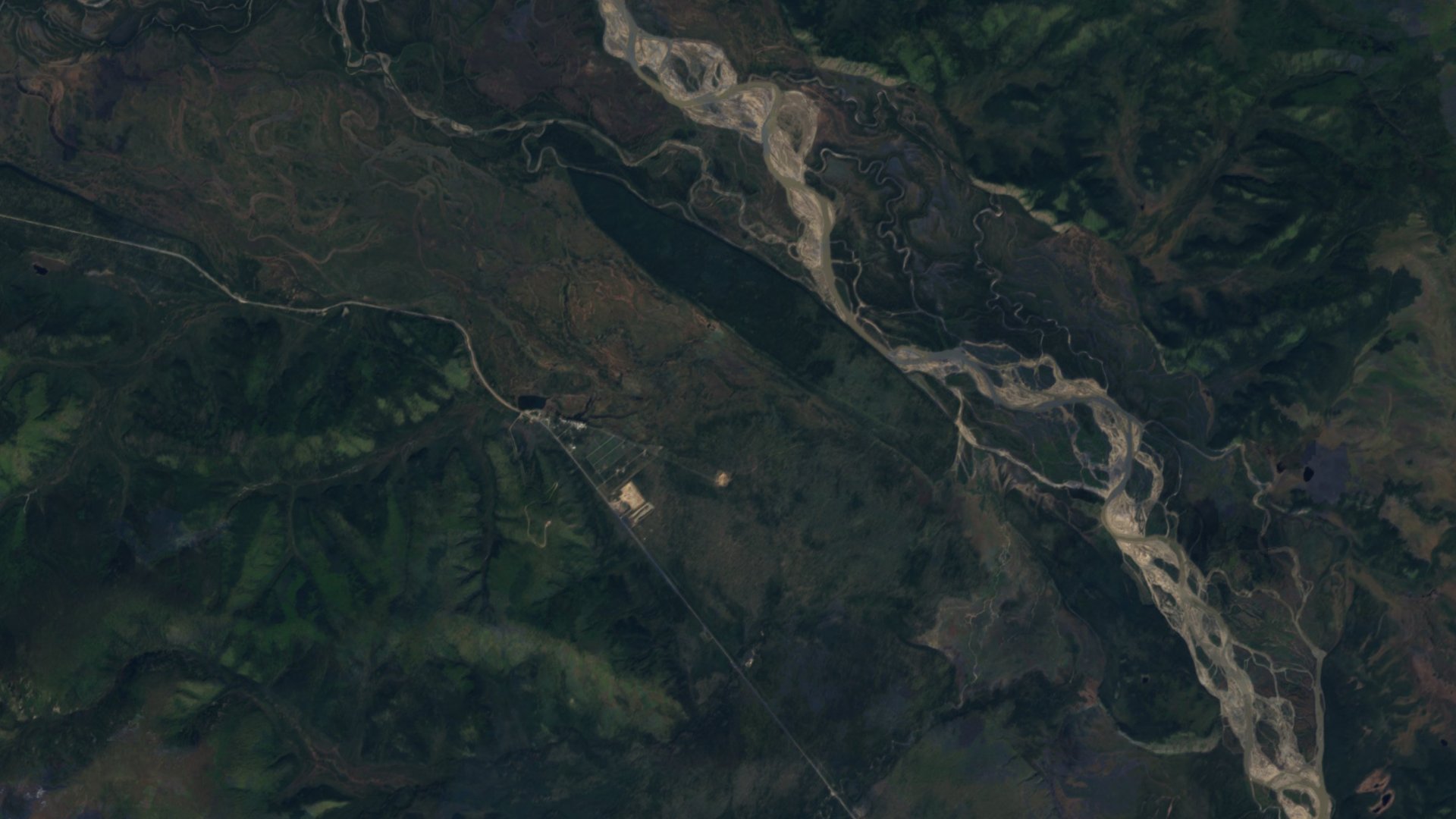 Satellite photograph of the landscape around Dot Lake Village, Alaska, captured in 2016