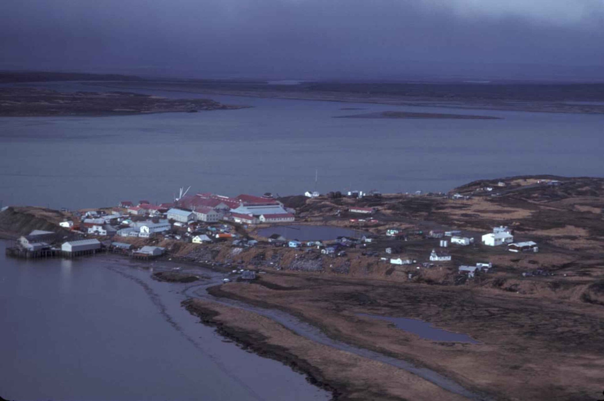 Aerial view of the village of Egegik, located on the south bank of the Egegik River, on the northern coastline of the Alaska Peninsula