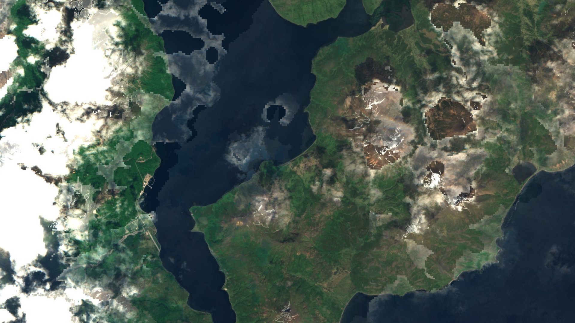 Satellite photograph of the landscape around False Pass, Alaska, captured in 2016
