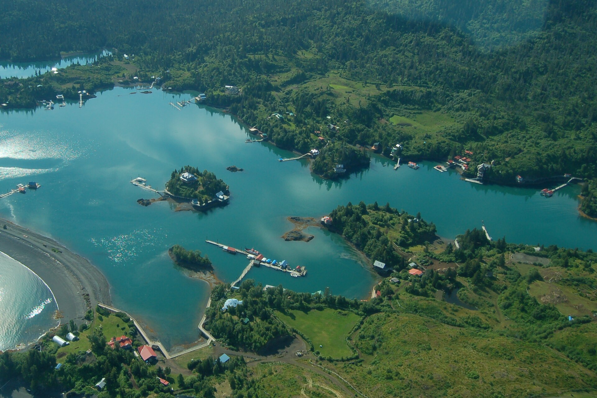 Aerial view of Halibut Cove, Alaska, July 2008
