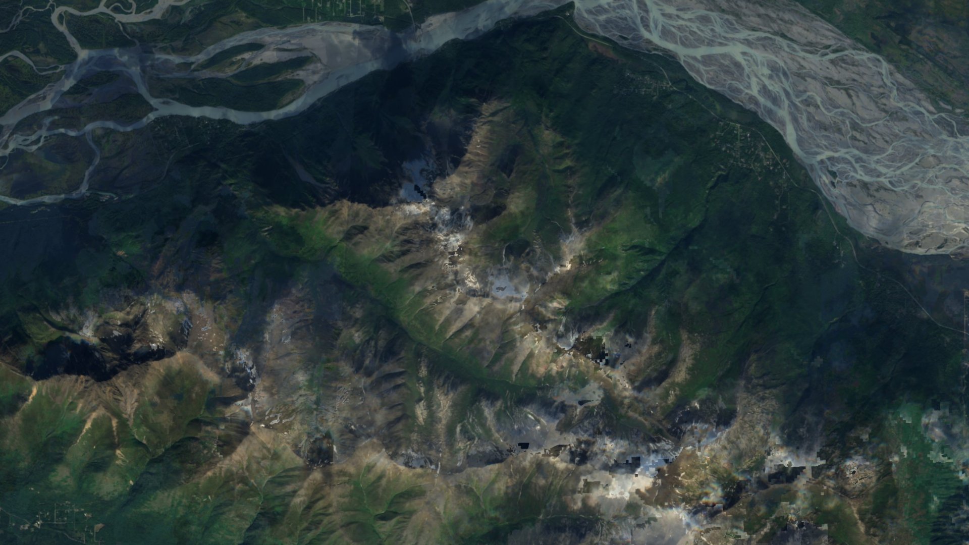 Satellite photograph of the landscape around Knik River, Alaska, captured in 2016
