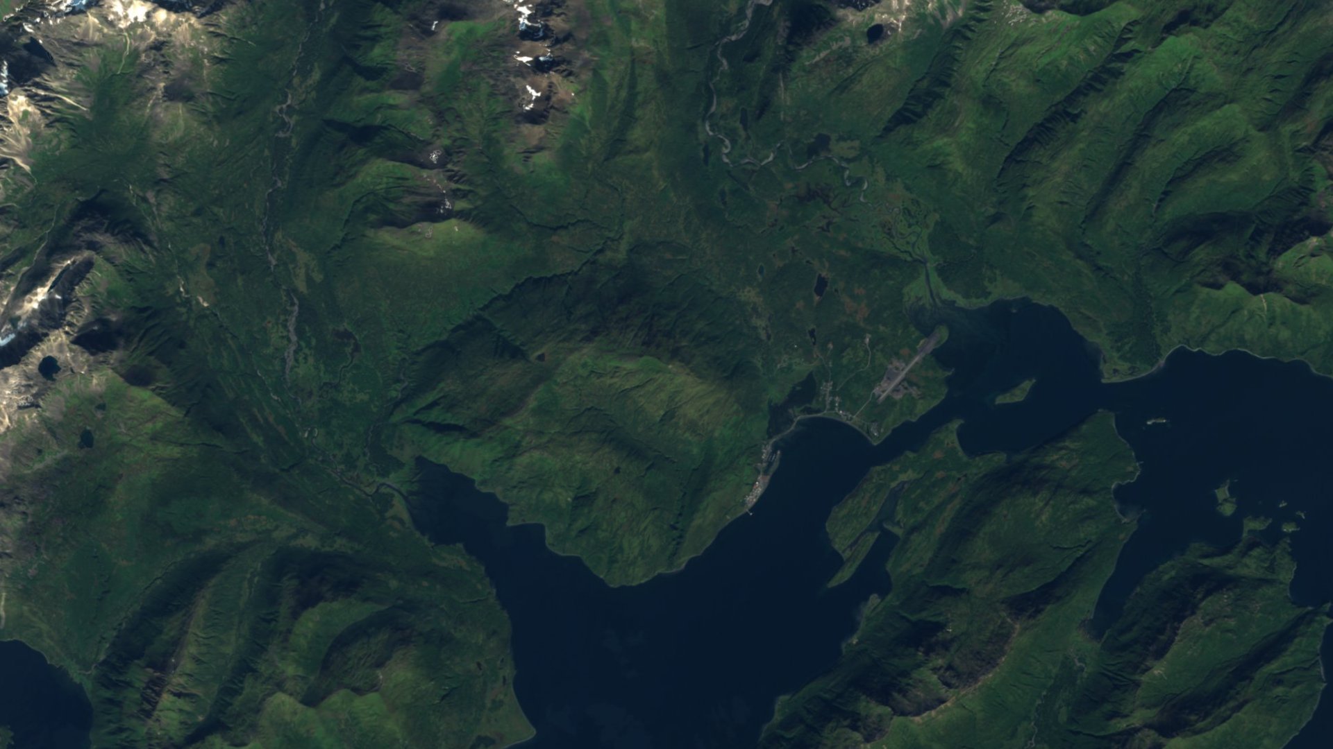 Satellite photograph of the landscape around Old Harbor, Alaska, captured in 2016
