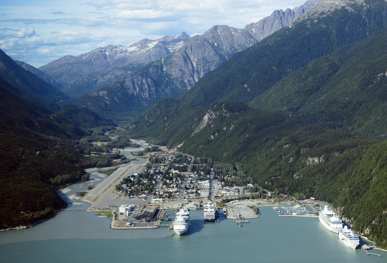 Aerial view of Skagway, Alaska. Skagway River.