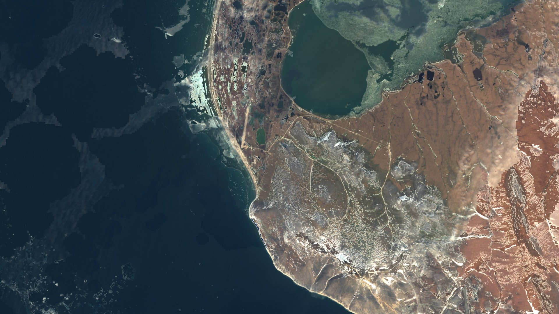 Satellite photograph of the landscape around Wales, Alaska, captured in 2016
