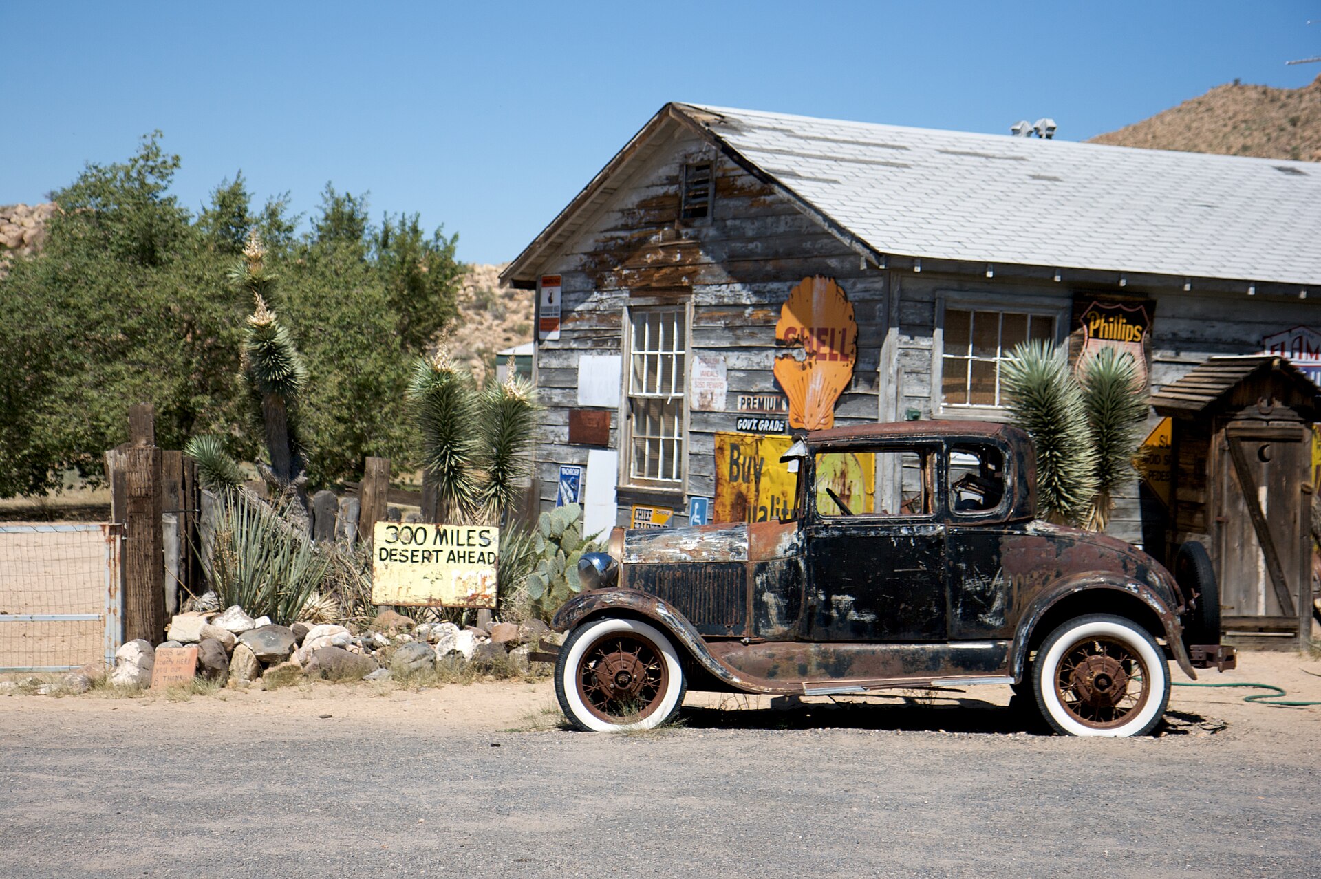 Hackberry General Store in w:Hackberry, Arizona. Signage claims "300 miles desert ahead".