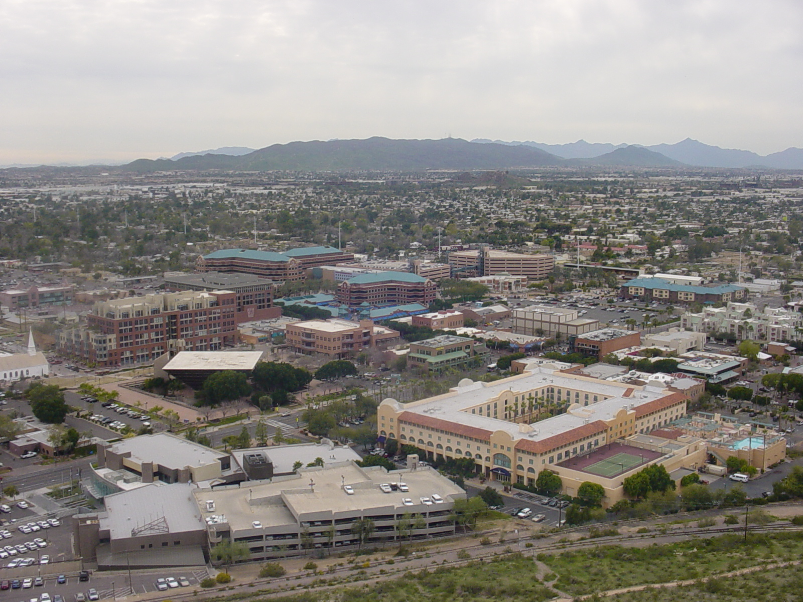 Downtown Tempe, AZ from "A" Mountain. Please note that this picture is prior to the construction of the new condominium project (Centerpoint) that is underway off the Mill Avenue District. — Arizona