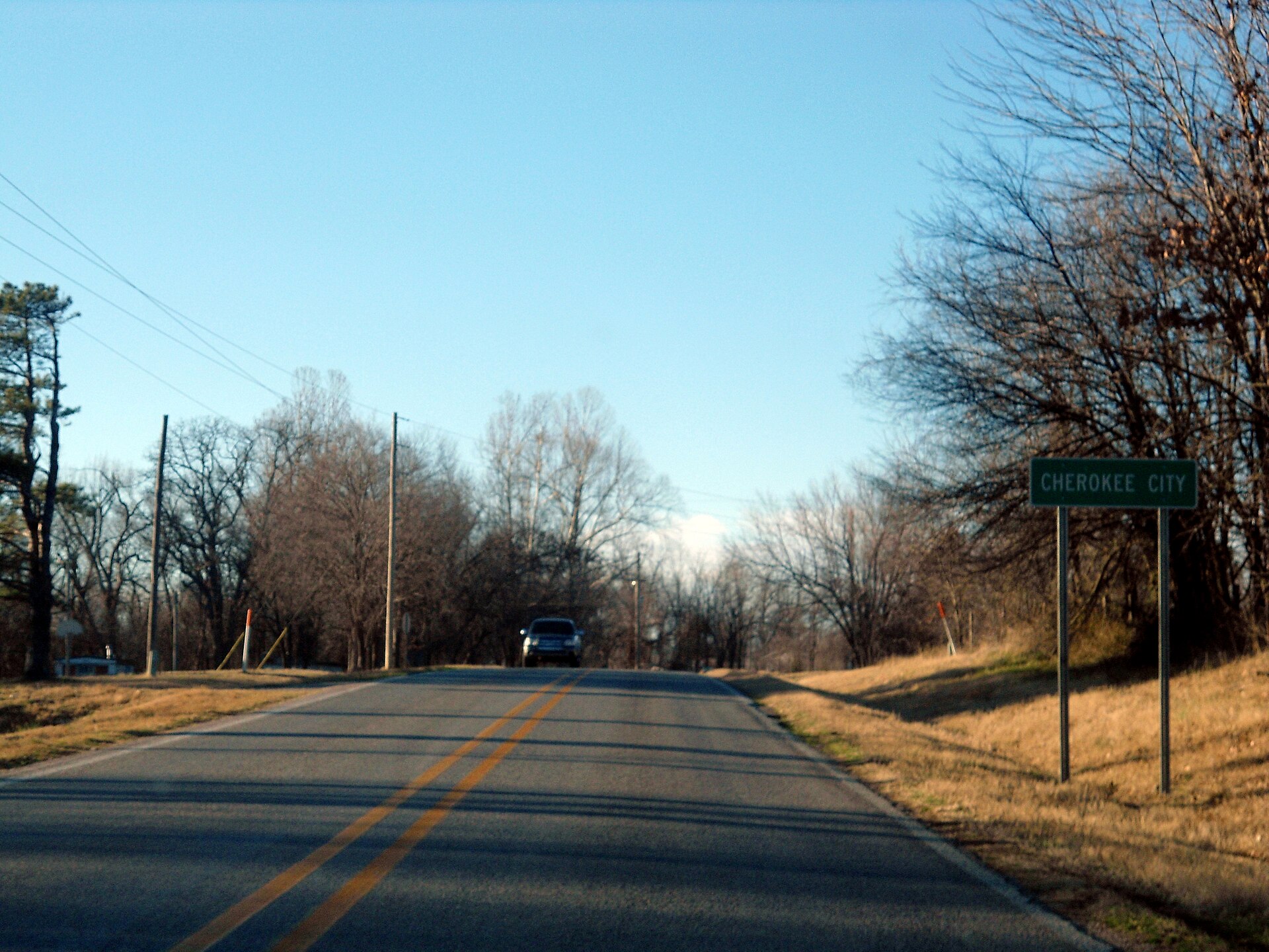 Southern limits of Cherokee City, Arkansas. An unincorporated community.