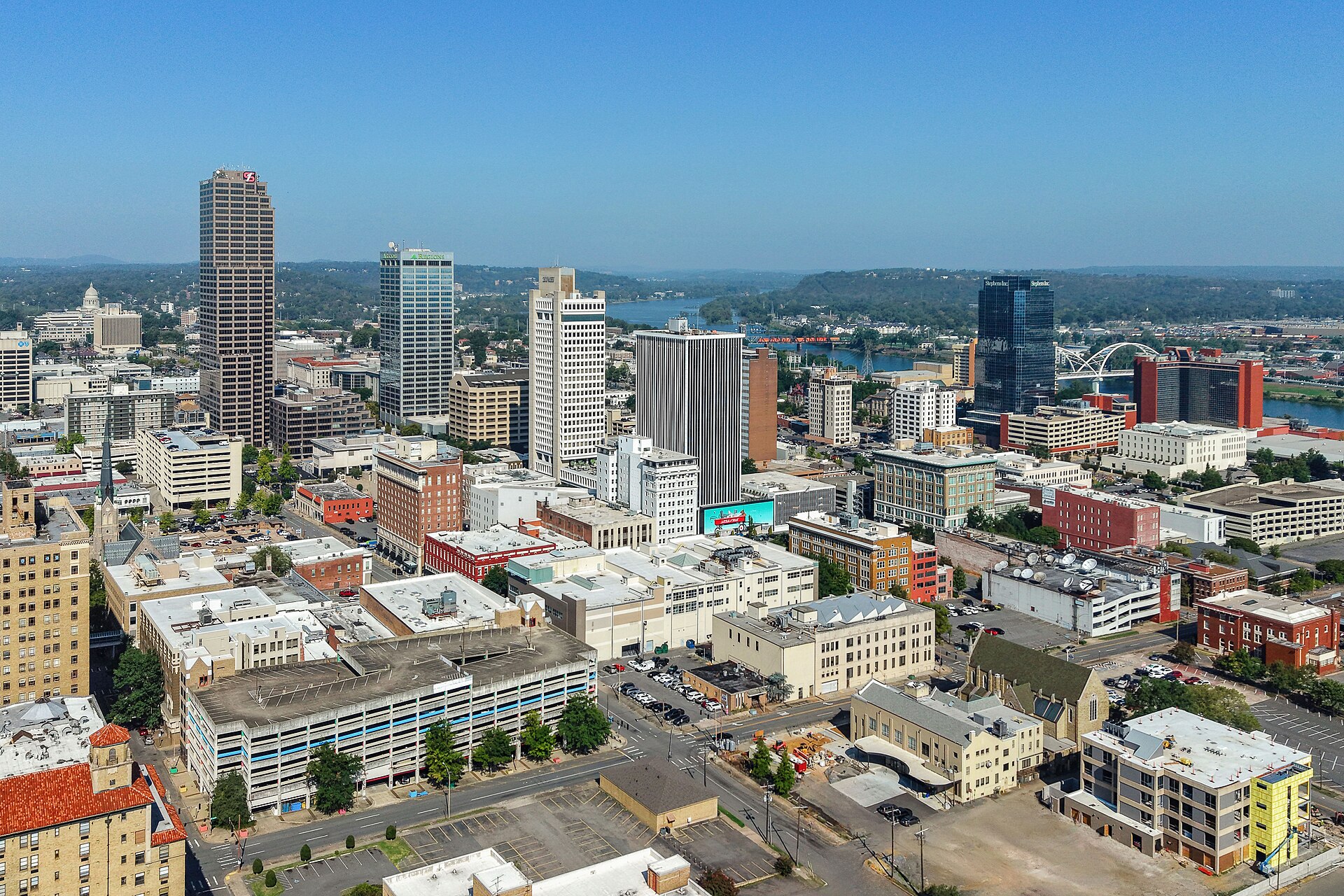 Aerial view of downtown Little Rock, Arkansas, a city of 202,591 people known as the state capital and a regional center for government, healthcare and finance.