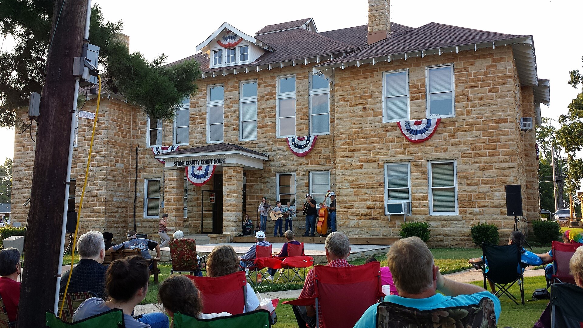 Saturday night music on the courthouse steps in Mountain View, Arkansas on August 2, 2014