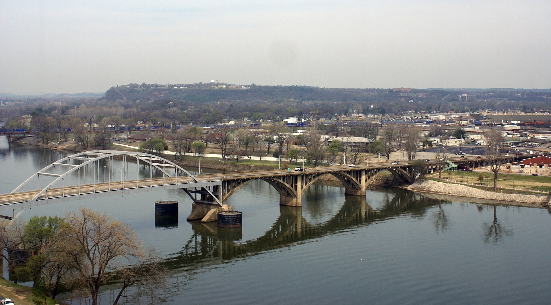 Arkansas River, Looking Across To North Little Rock; Taken from the 18th floor of the Peabody Hotel in Little Rock, through a window, of course.