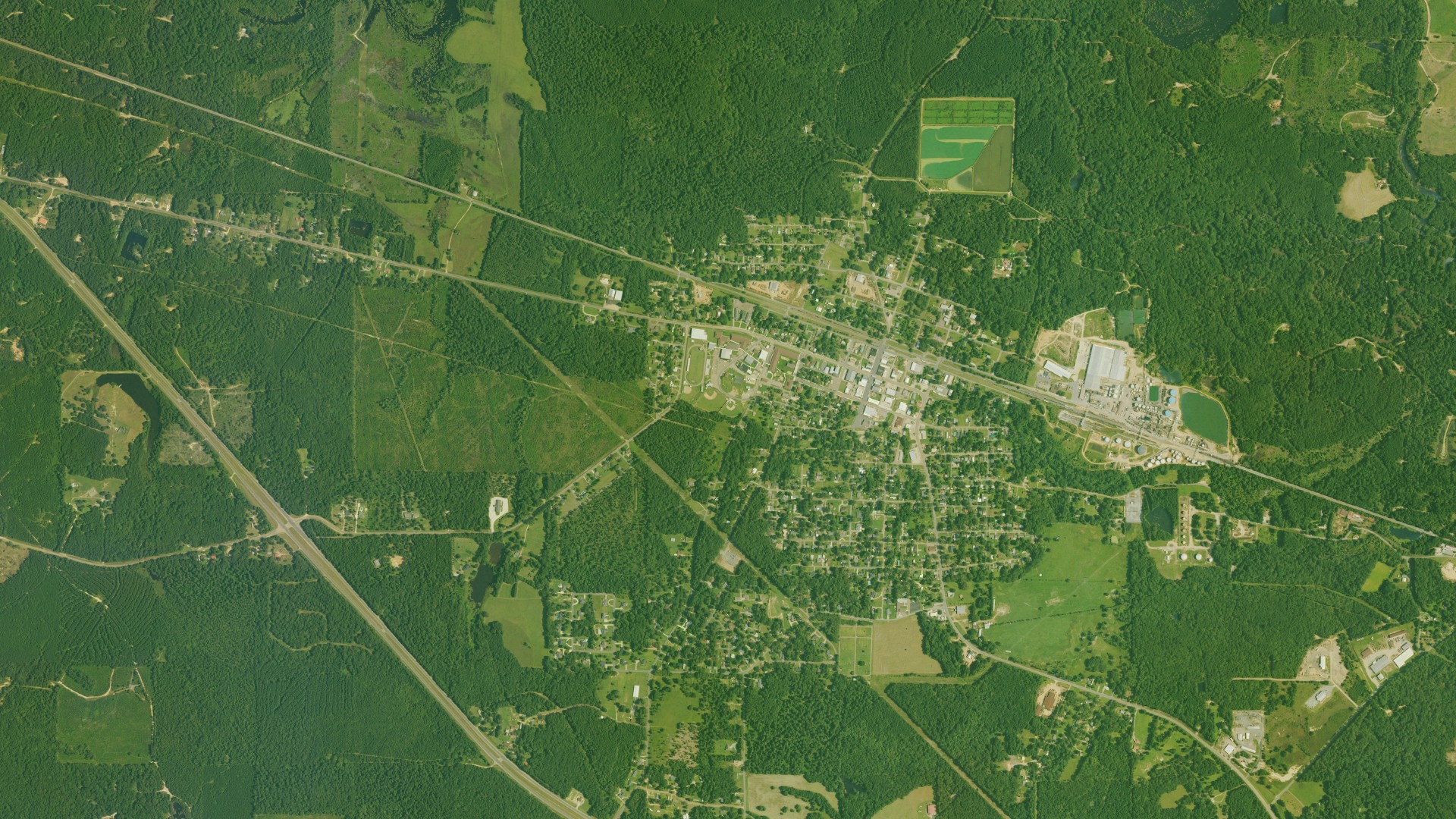 Natural-color aerial photograph of land around Smackover, Arkansas