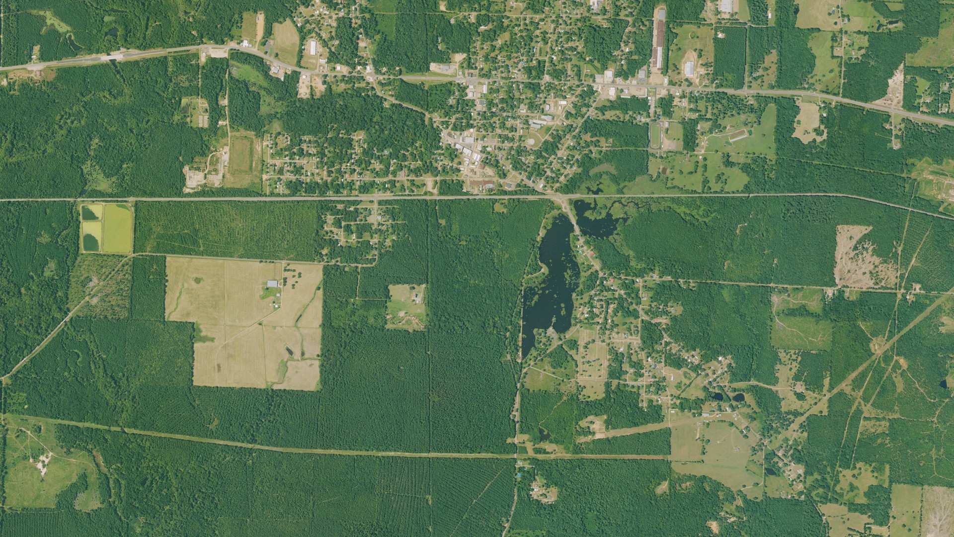 Natural-color aerial photograph of land around Stamps, Arkansas