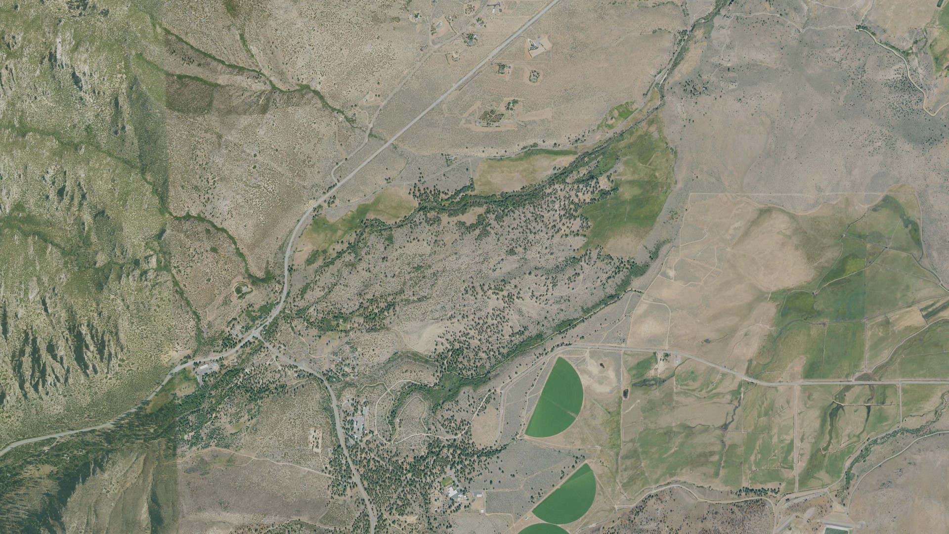 Natural-color aerial photograph of land around Alpine Village, California