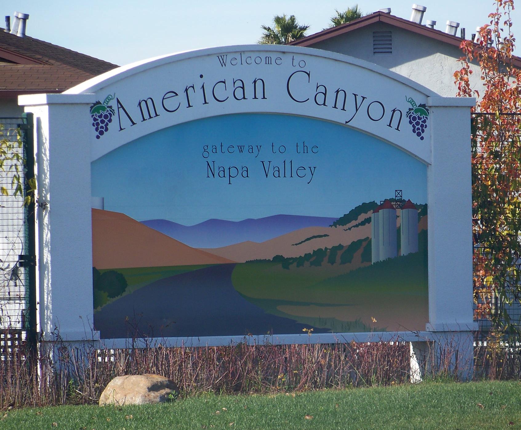 American Canyon, CA is called "The Gateway to the Napa Valley". This sign is located at the intersection of Flosden Rd. and American Canyon Rd. — California