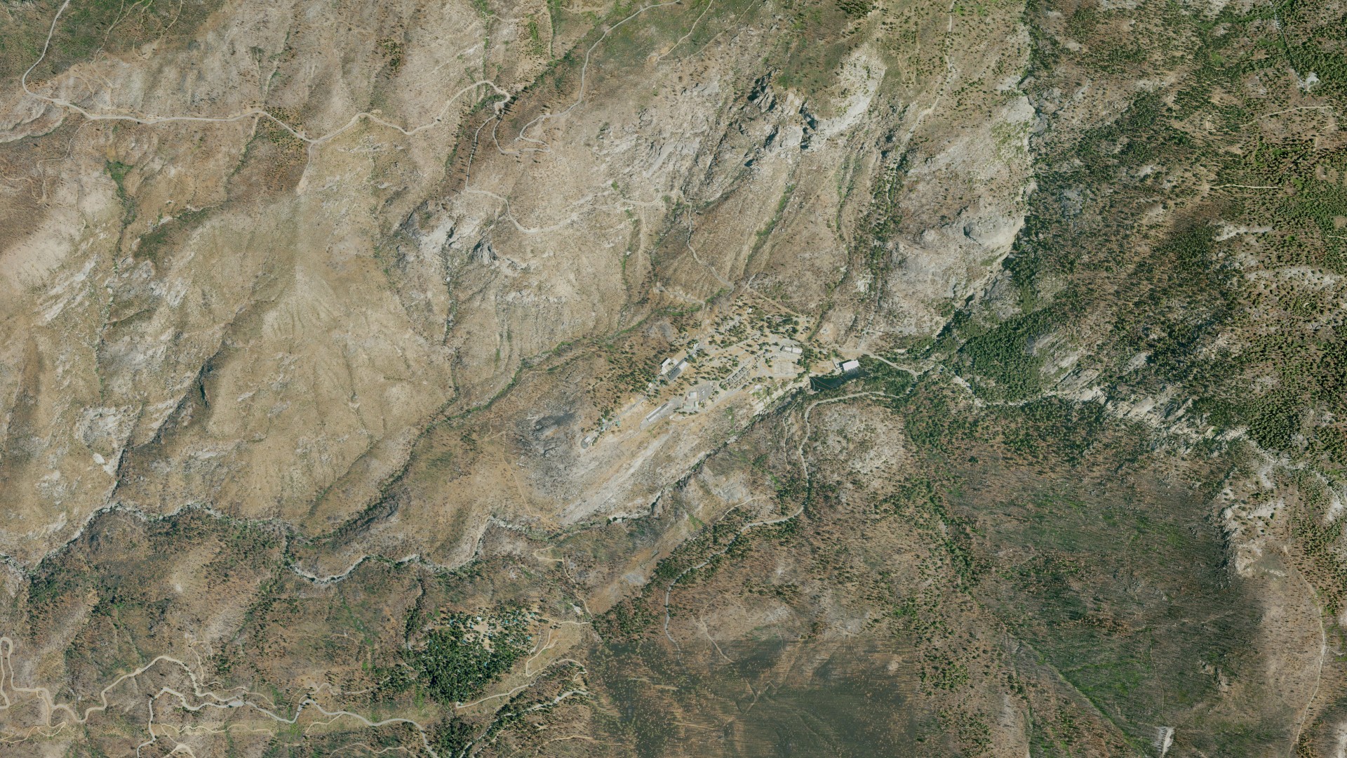 Natural-color aerial photograph of land around Big Creek, California