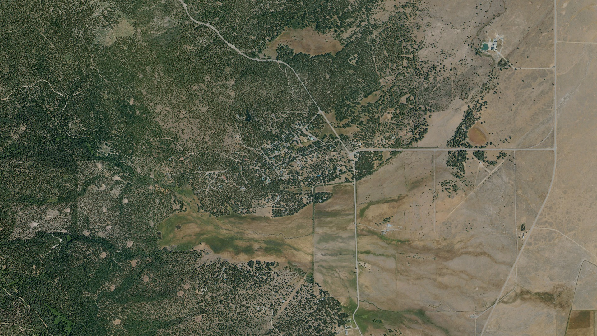 Natural-color aerial photograph of land around Calpine, California
