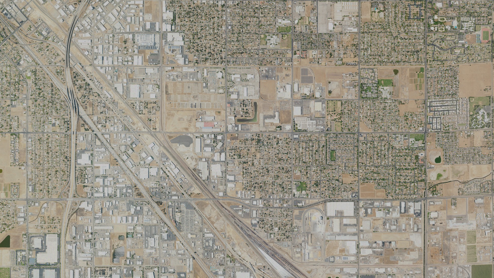 Natural-color aerial photograph of land around Calwa, California