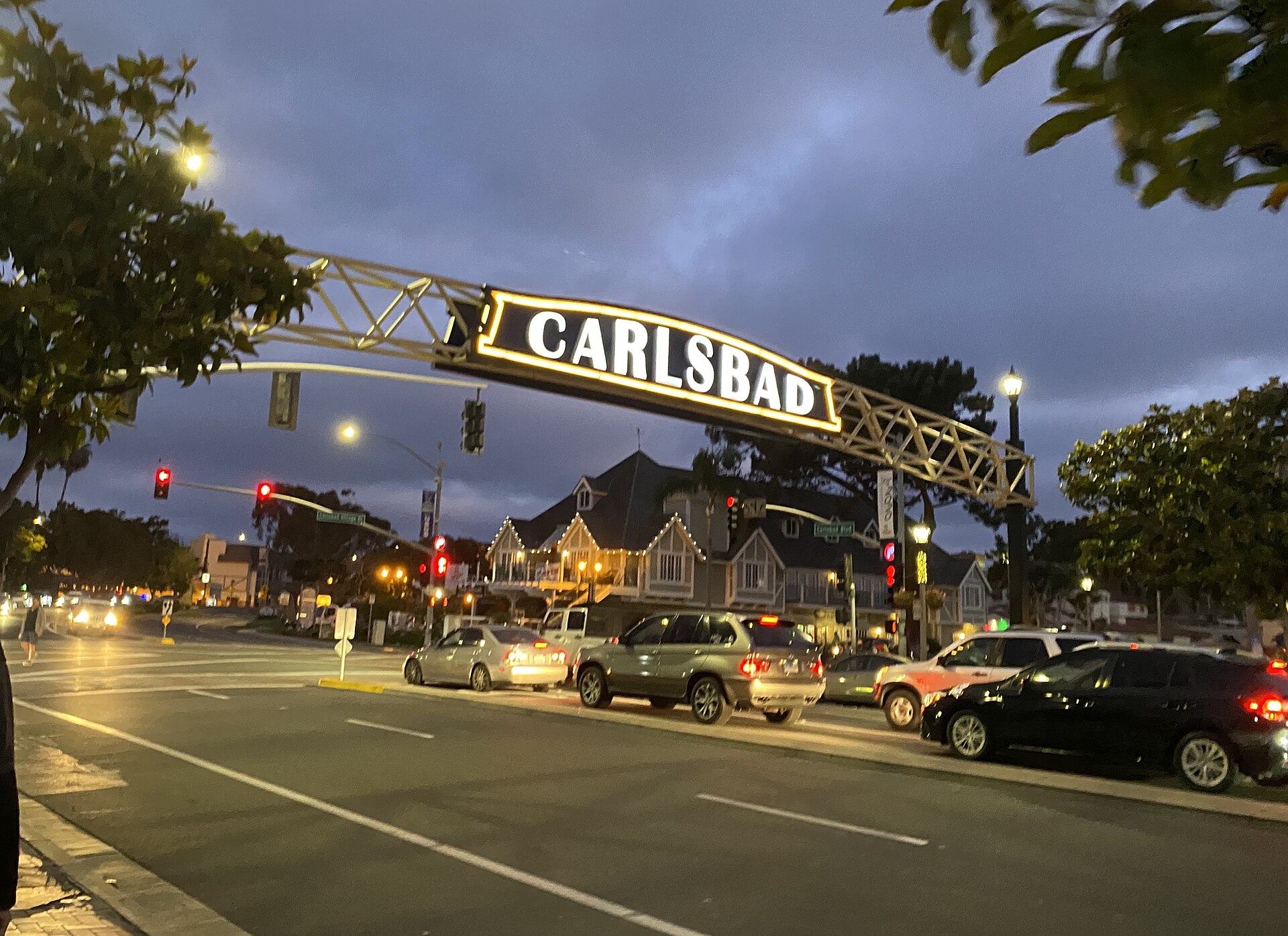 Sign over Carlsbad Boulevard in downtown Carlsbad, California.