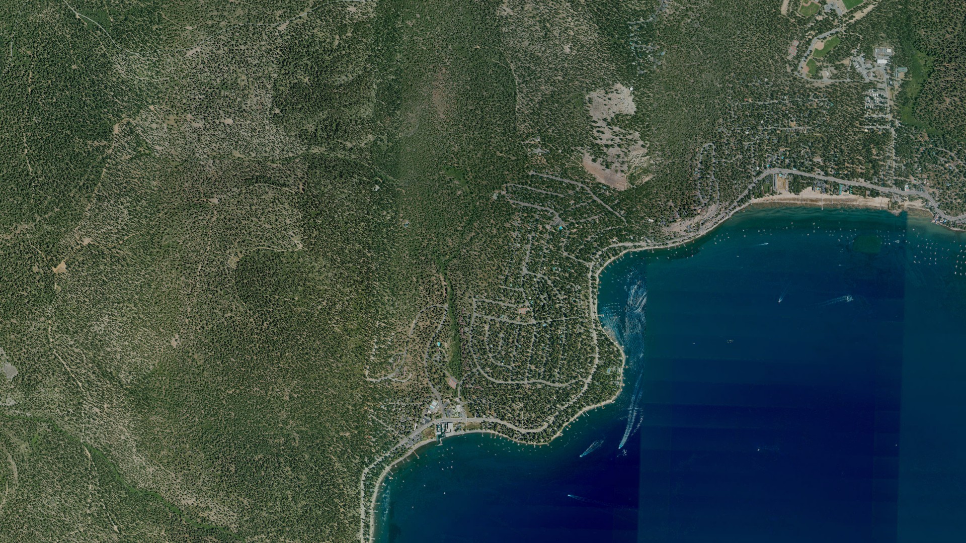 Natural-color aerial photograph of land around Carnelian Bay, California