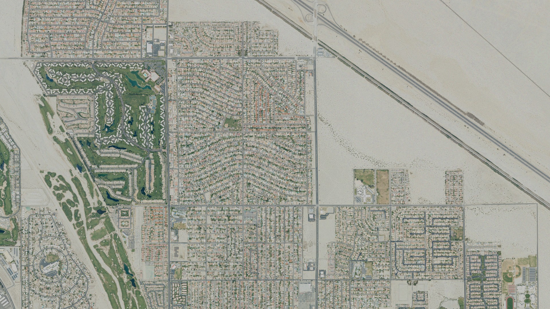 Natural-color aerial photograph of land around Cathedral City, California