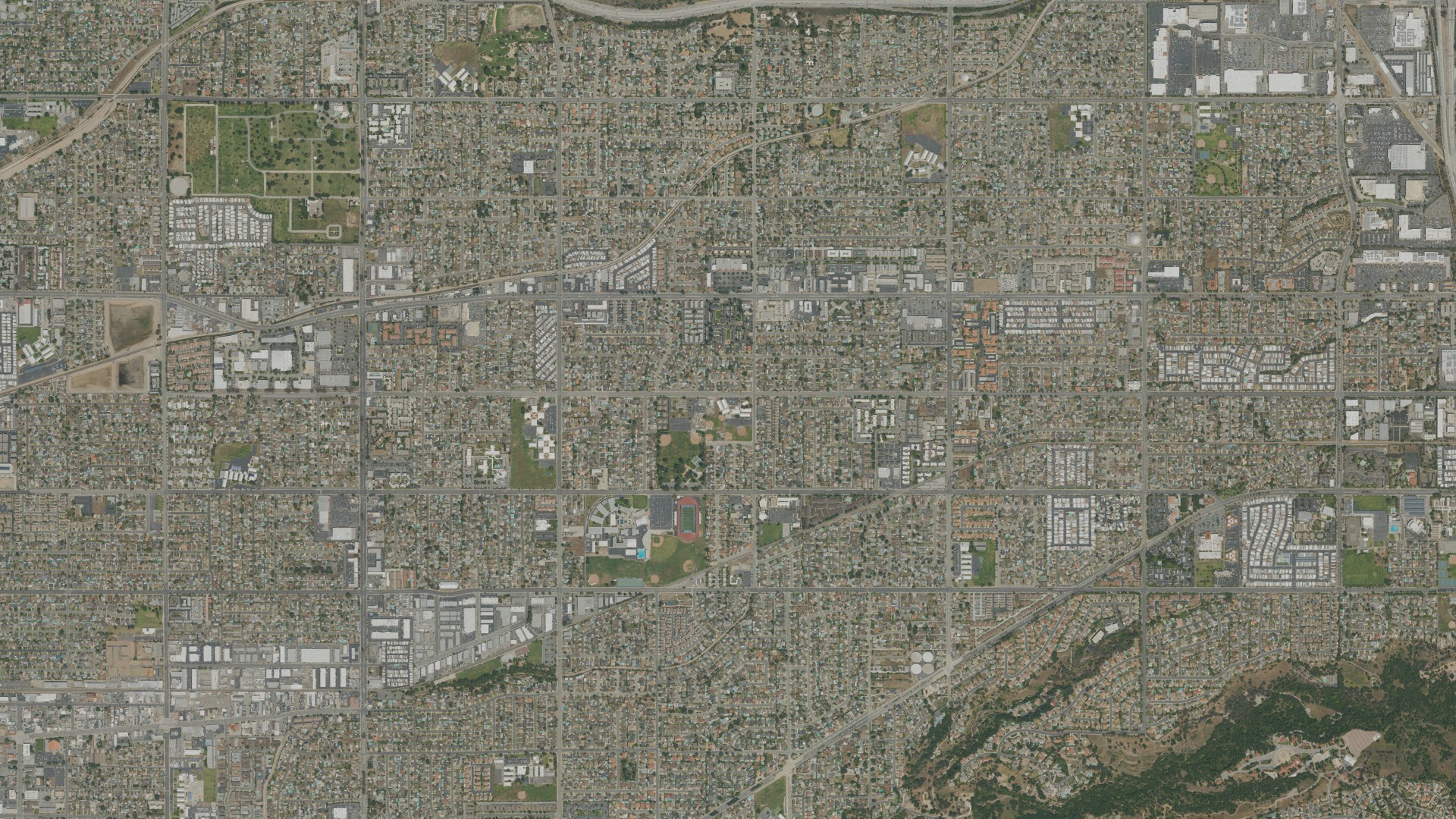 Natural-color aerial photograph of land around Charter Oak, California