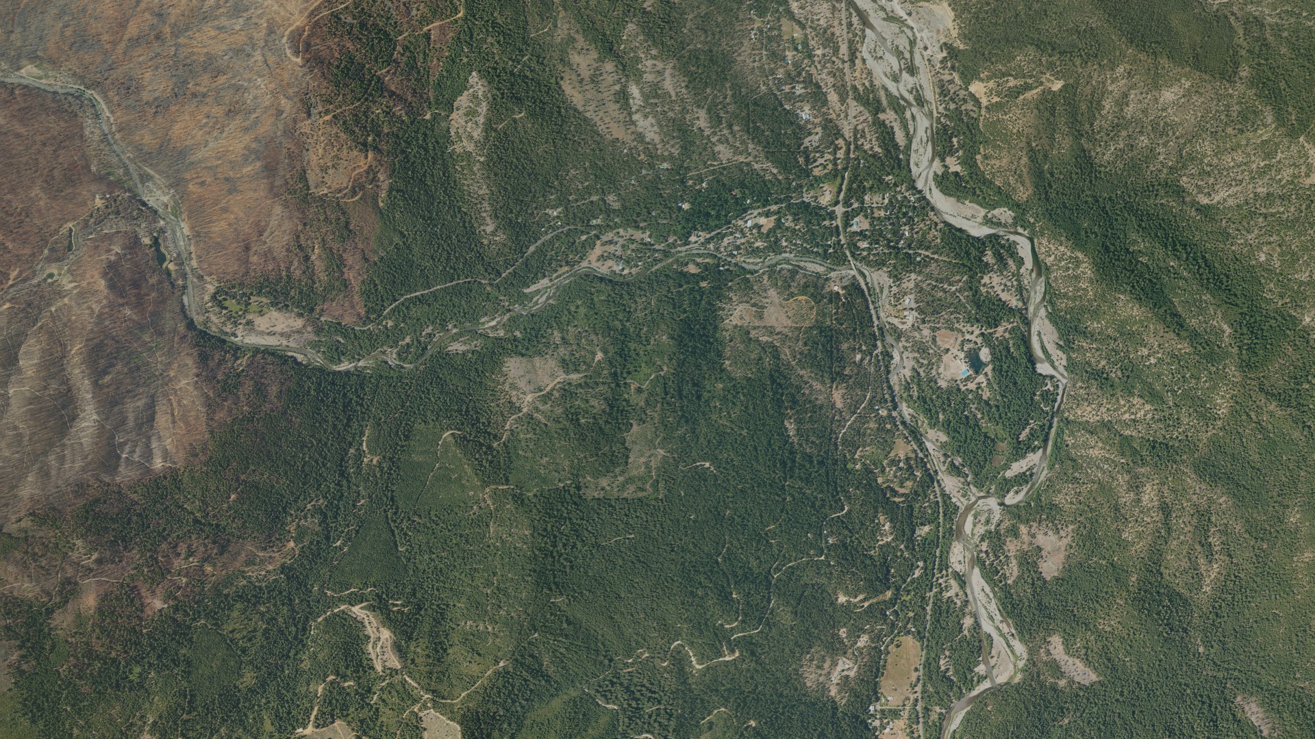 Natural-color aerial photograph of land around Coffee Creek, California