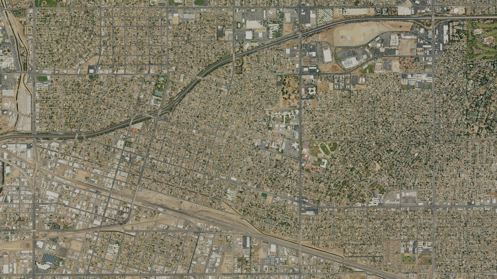 Natural-color aerial photograph of land around East Bakersfield, California