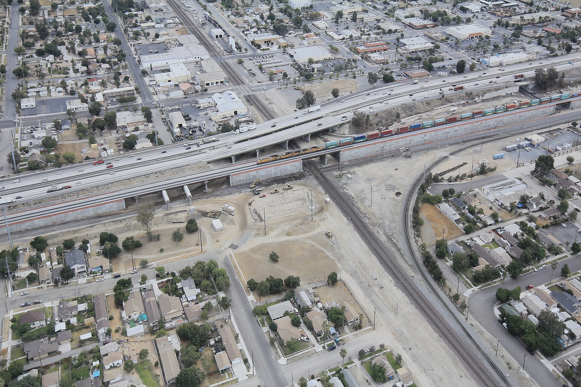An aerial view of the Colton Crossing grade separation. — El Monte, California