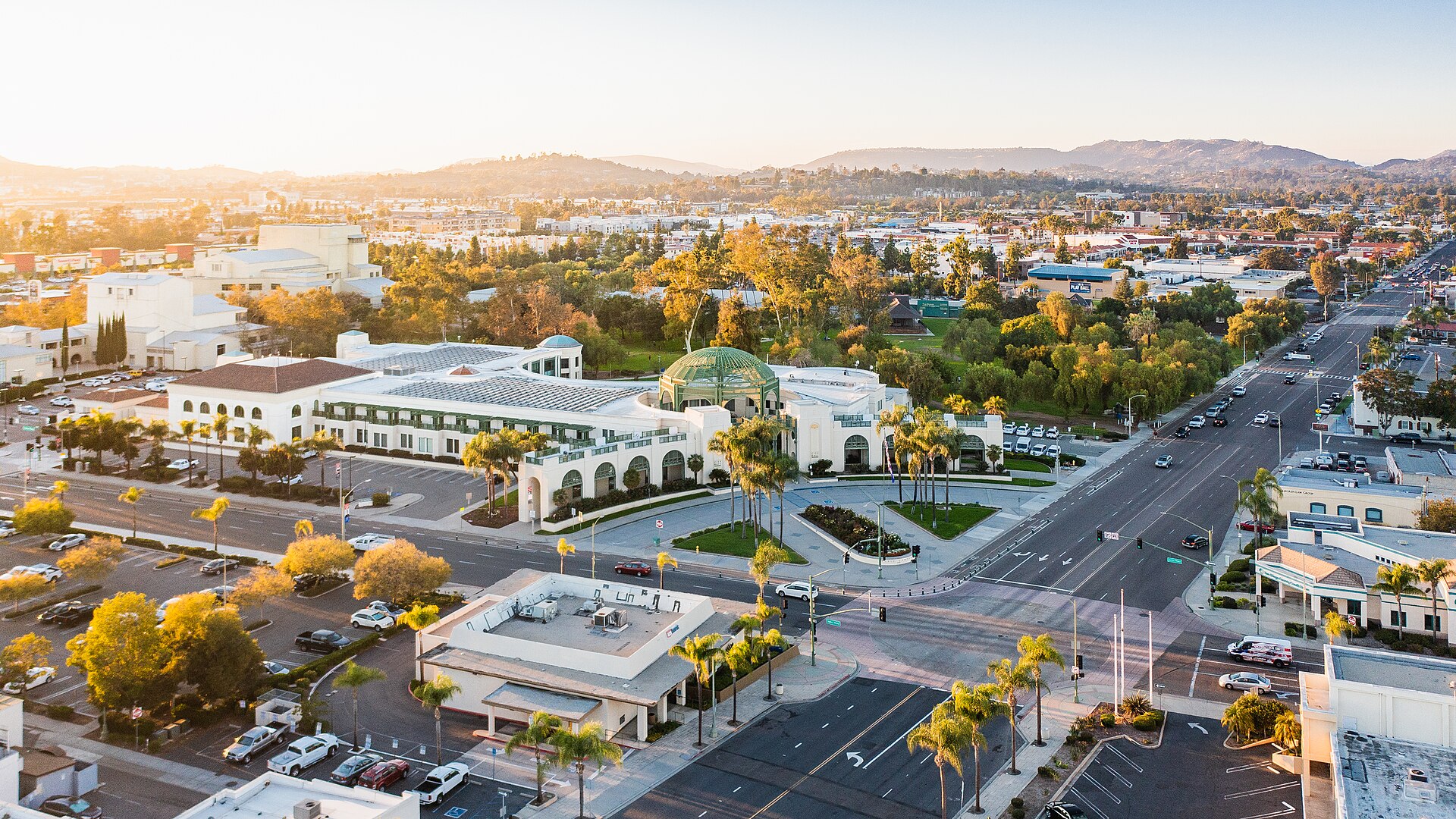 A sunset aerial view of Escondido City Hall at the intersection of Broadway and East Valley Parkway. — California