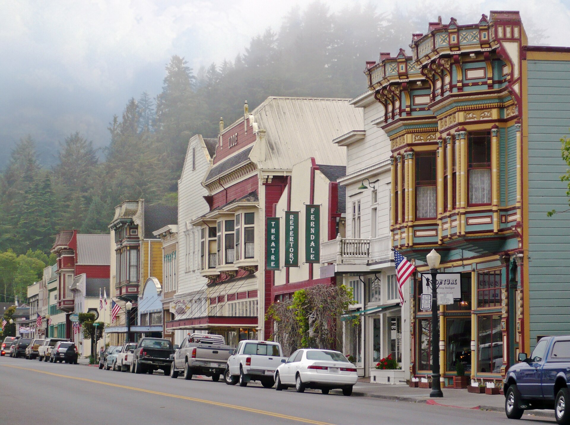 It shows the well-preserved Victorian architecture in the Main Street Historic District in Ferndale, California.