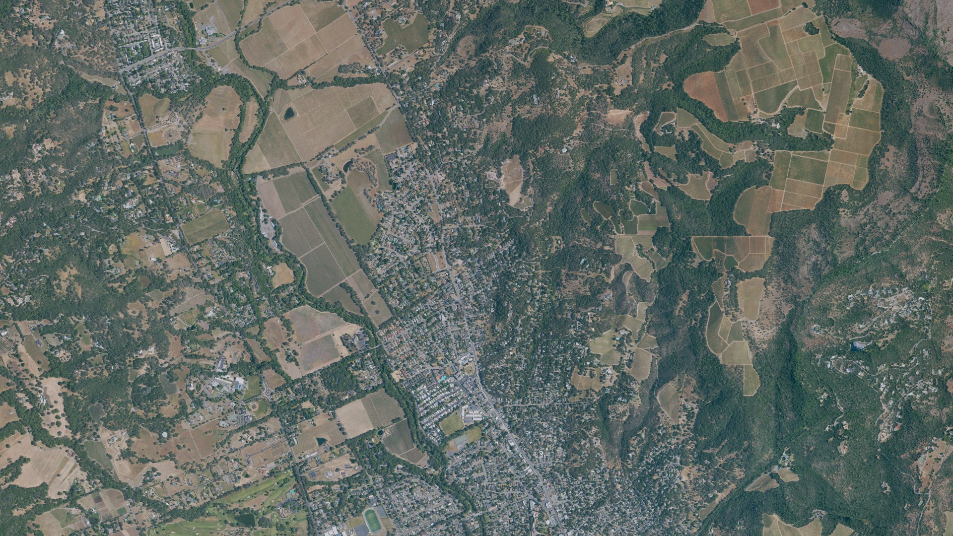 Natural-color aerial photograph of land around Fetters Hot Springs-Agua Caliente, California