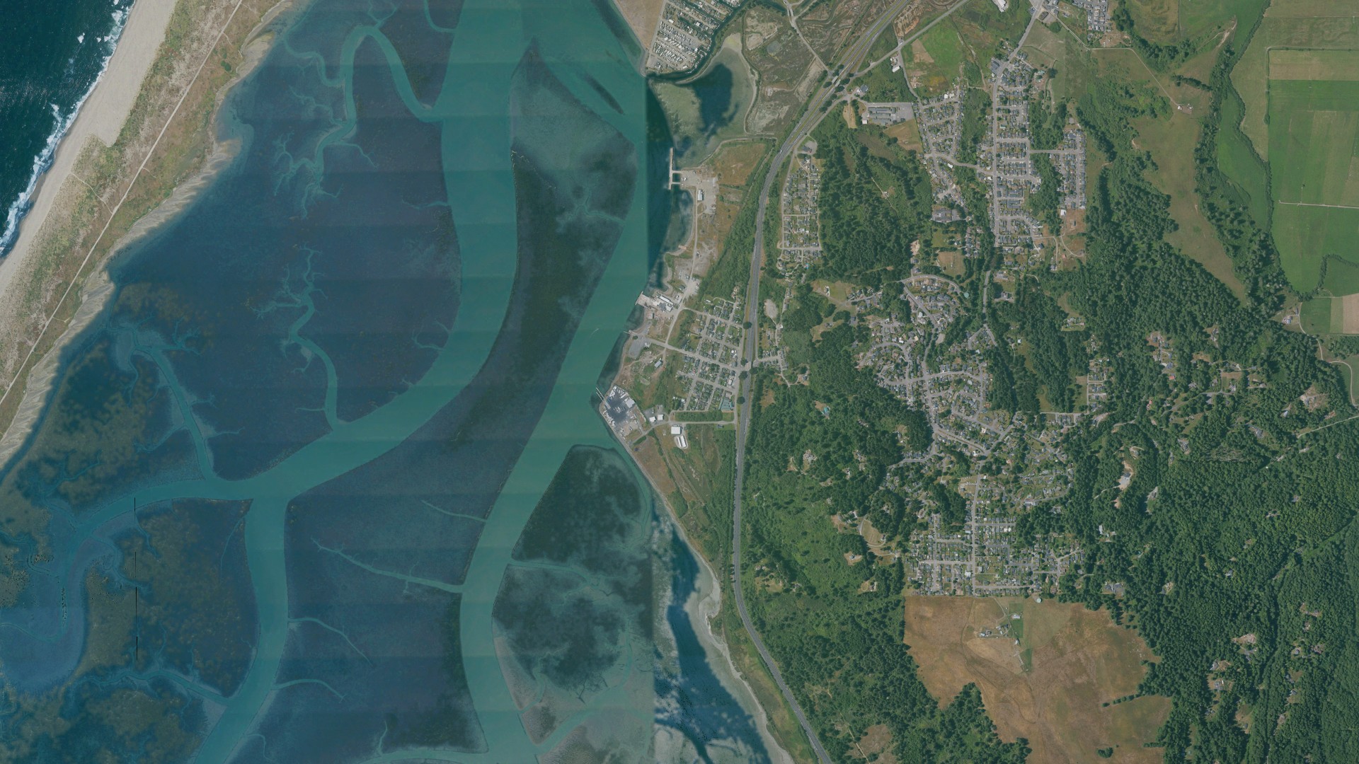 Natural-color aerial photograph of land around Fields Landing, California