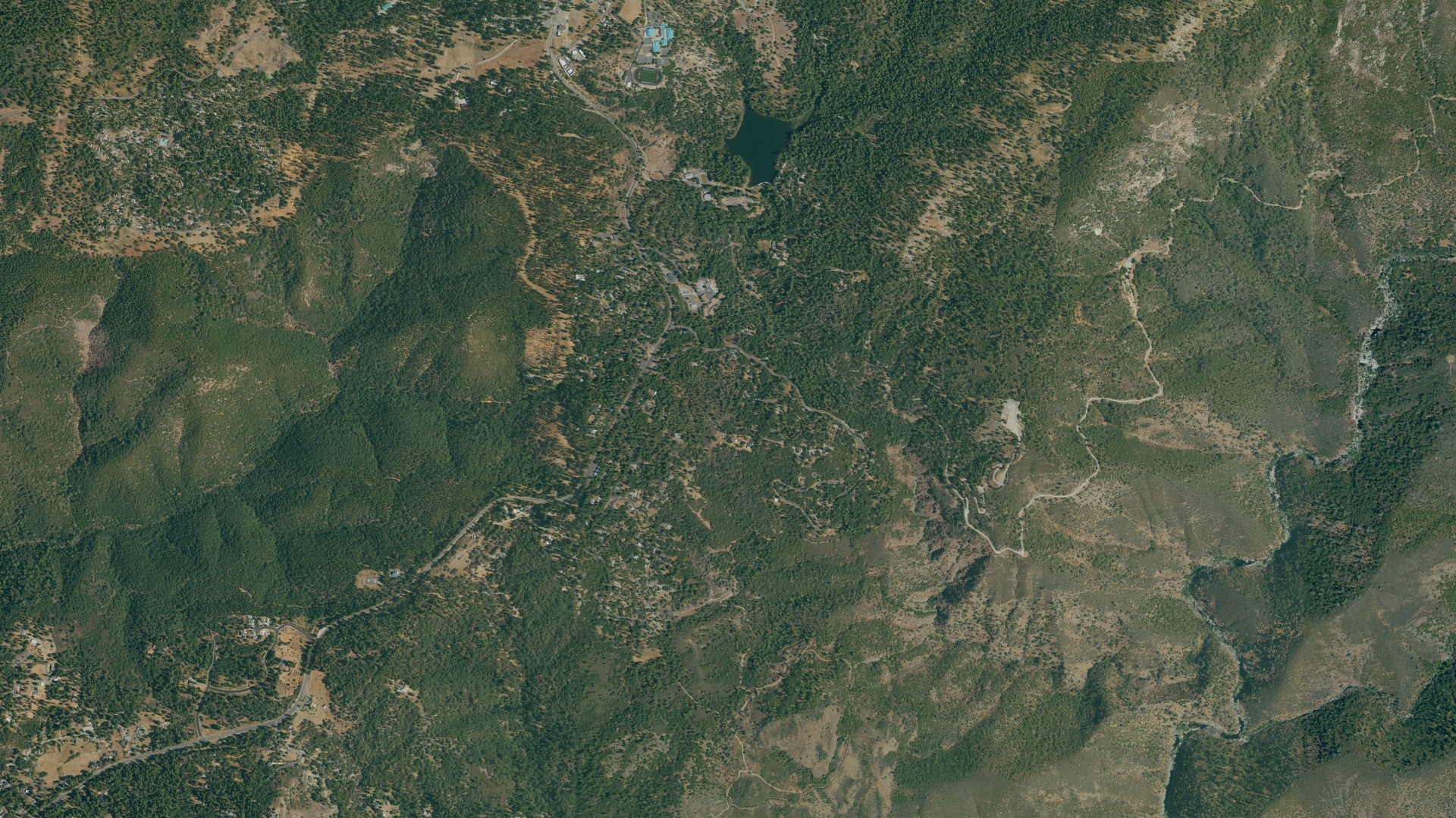 Natural-color aerial photograph of land around Hathaway Pines, California
