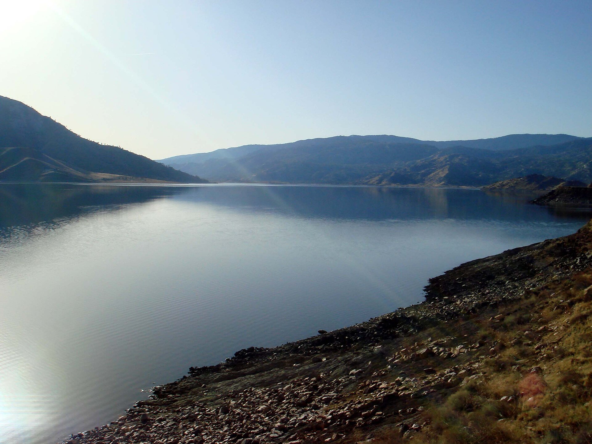Lake Isabella reservoir, in the Southern Sierra Nevada, California. View facing west; and taken from the eastern shore between the forks of the Kern River.