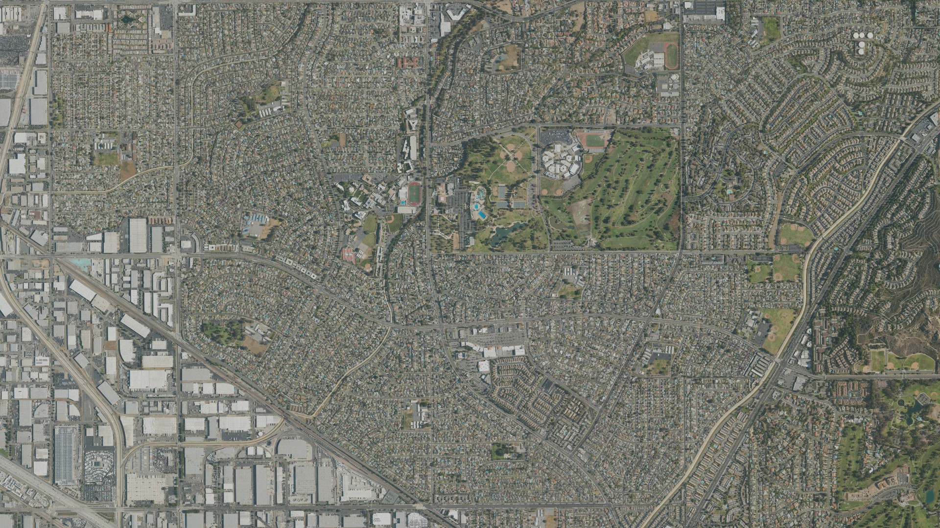 Natural-color aerial photograph of land around La Mirada, California