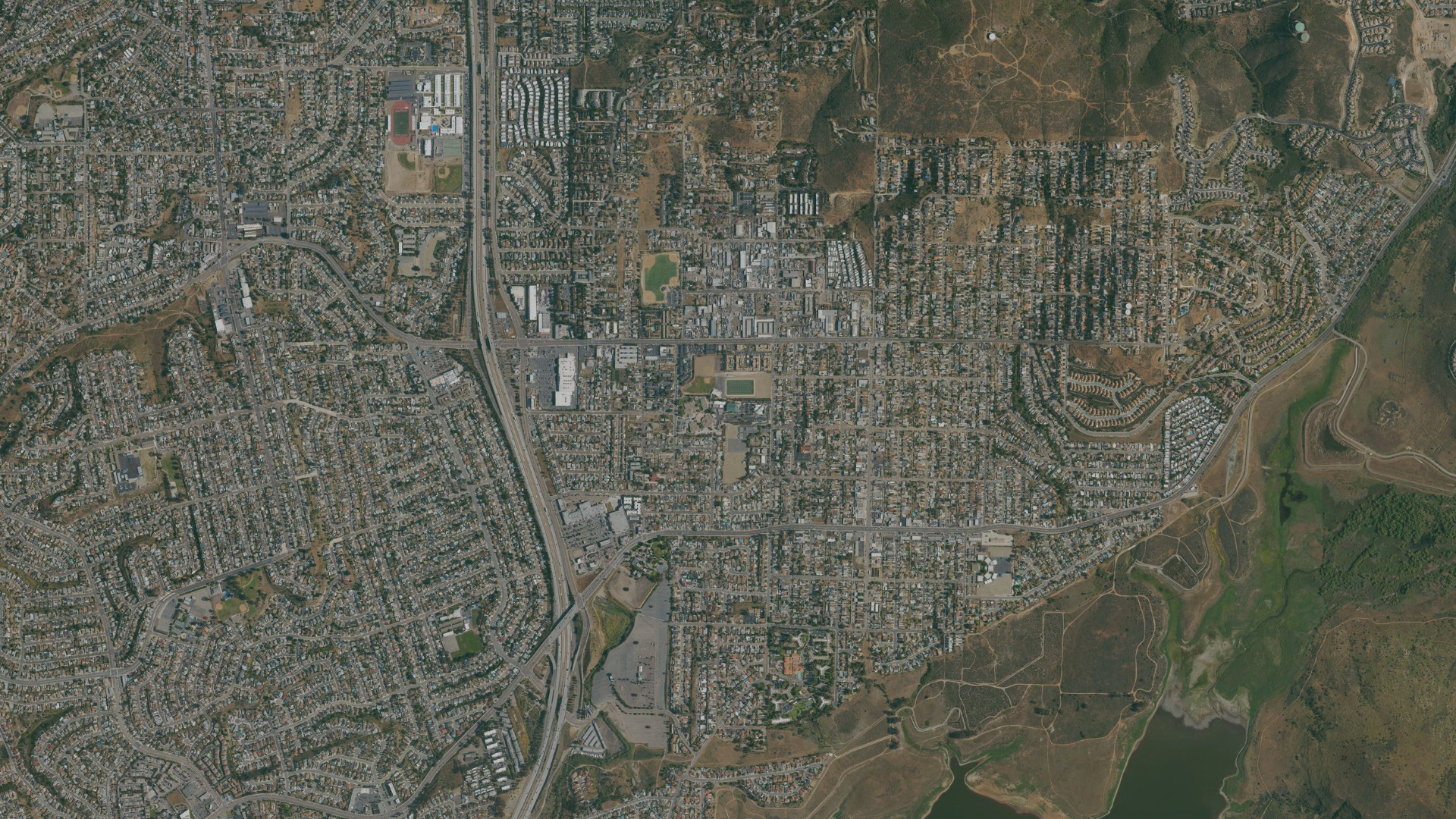 Natural-color aerial photograph of land around La Presa, California